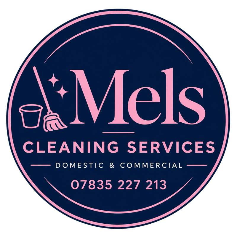 Mels Cleaning Services round navy and pink logo